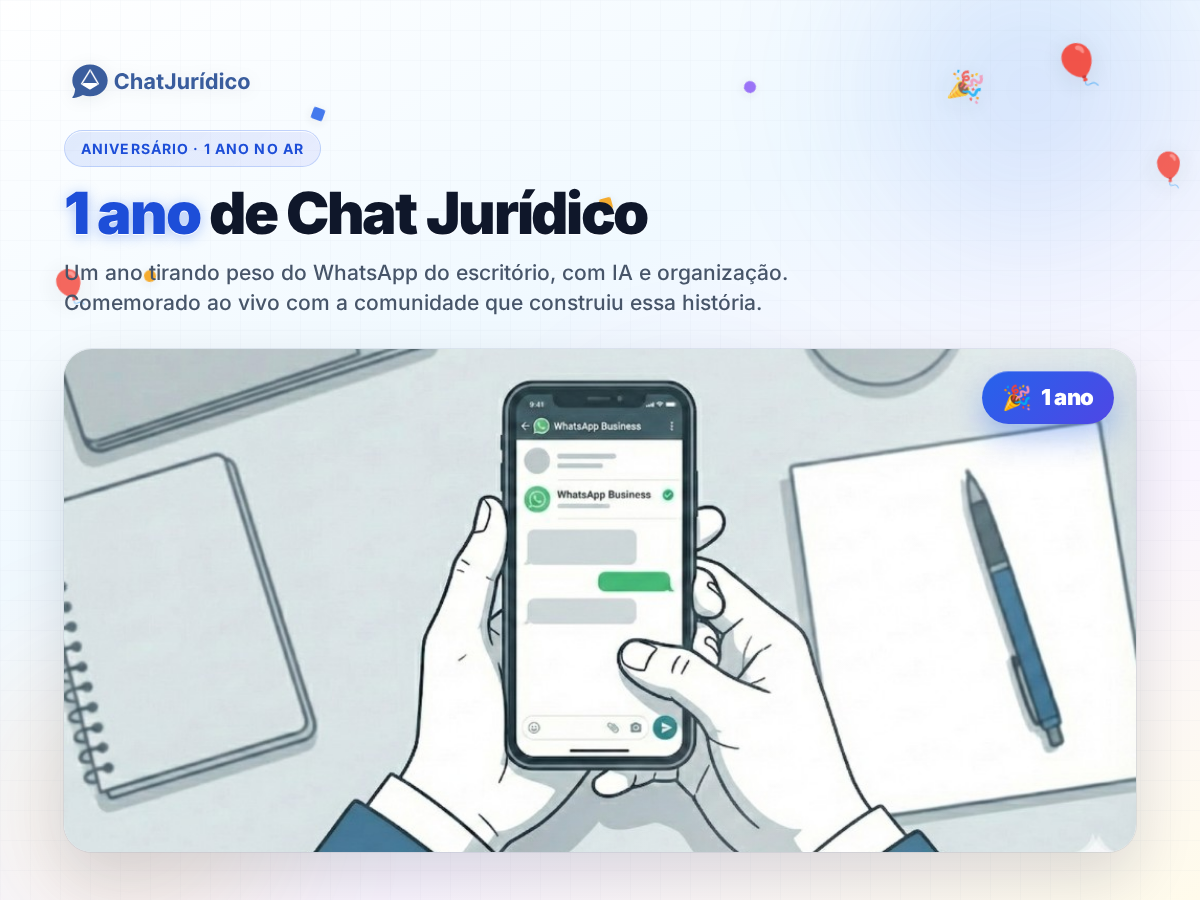 Mão segurando o celular com a comemoração de 1 ano do Chat Jurídico