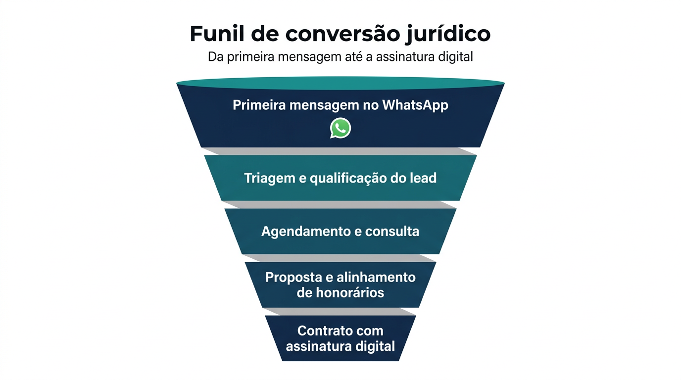 Funil de conversão jurídico: da primeira mensagem no WhatsApp até a assinatura digital do contrato