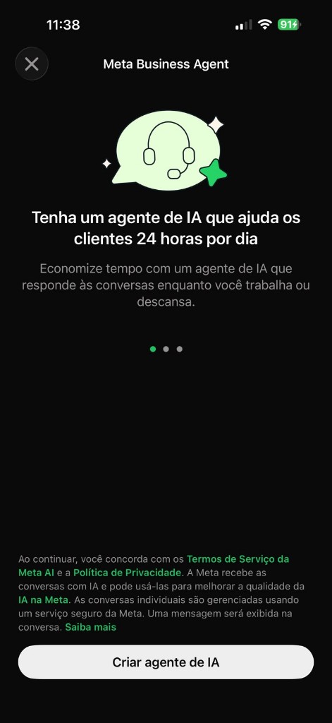 Tela inicial do Meta Business Agent no WhatsApp Business com botão Criar agente de IA