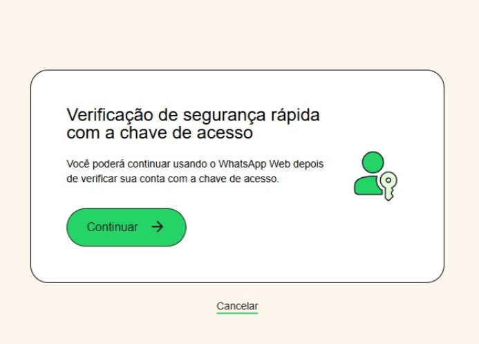 Tela de verificação de segurança com chave de acesso no WhatsApp Web exigida pela Meta