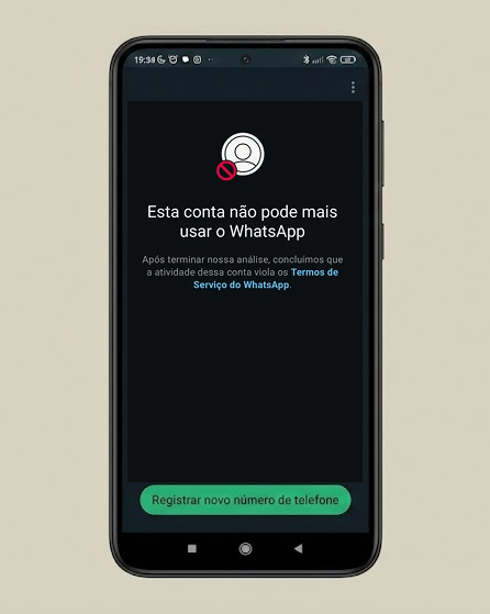 Tela de WhatsApp banido mostrando mensagem 'Esta conta não pode mais usar o WhatsApp' - guia para recuperar conta bloqueada