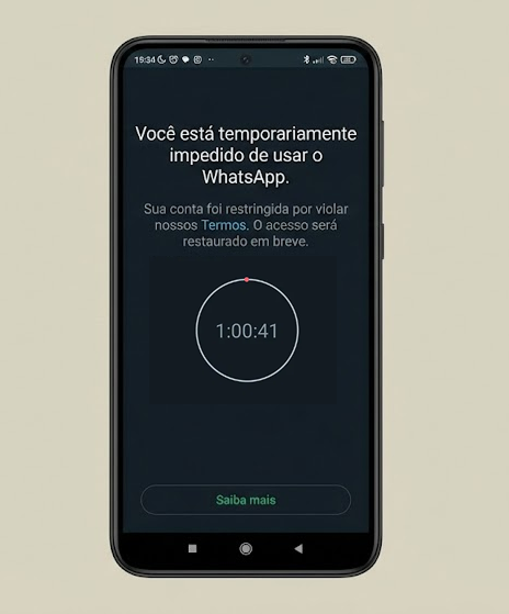 Tela do WhatsApp com restrição temporária mostrando cronômetro regressivo antes de desbanir conta - diferente de banimento permanente