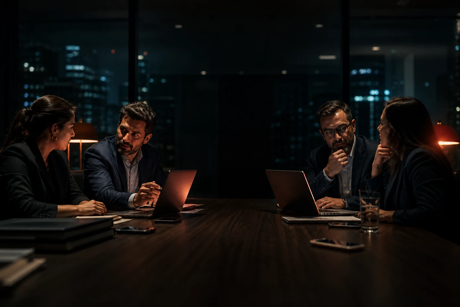Advogados reunidos à noite no escritório, conversando em volta da mesa com notebooks