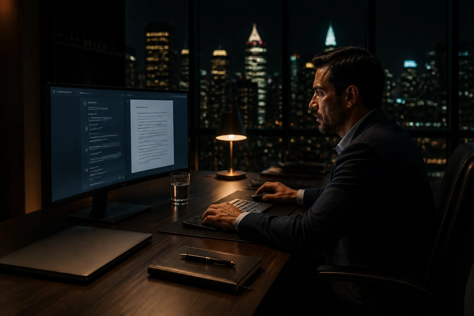 Advogado em escritório noturno de alto nível, trabalhando com inteligência artificial no monitor