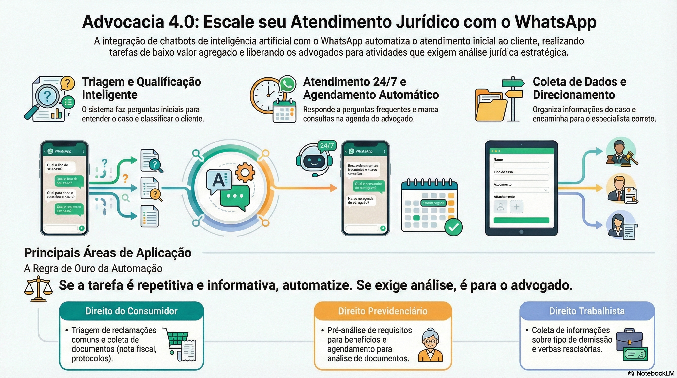 IA jurídica no WhatsApp respondendo clientes de advocacia com ética e qualidade — automação de atendimento