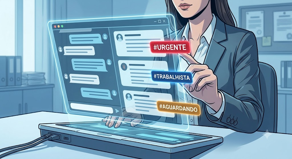 Advogada organizando etiquetas visuais de clientes e casos no painel