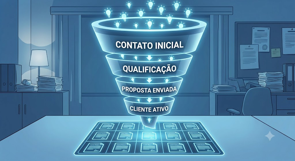 Funil iluminado com etapas da jornada do cliente no escritório