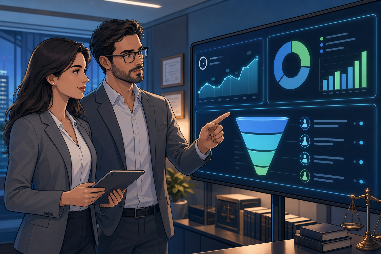 Equipe analisando gráficos de métricas de atendimento do escritório