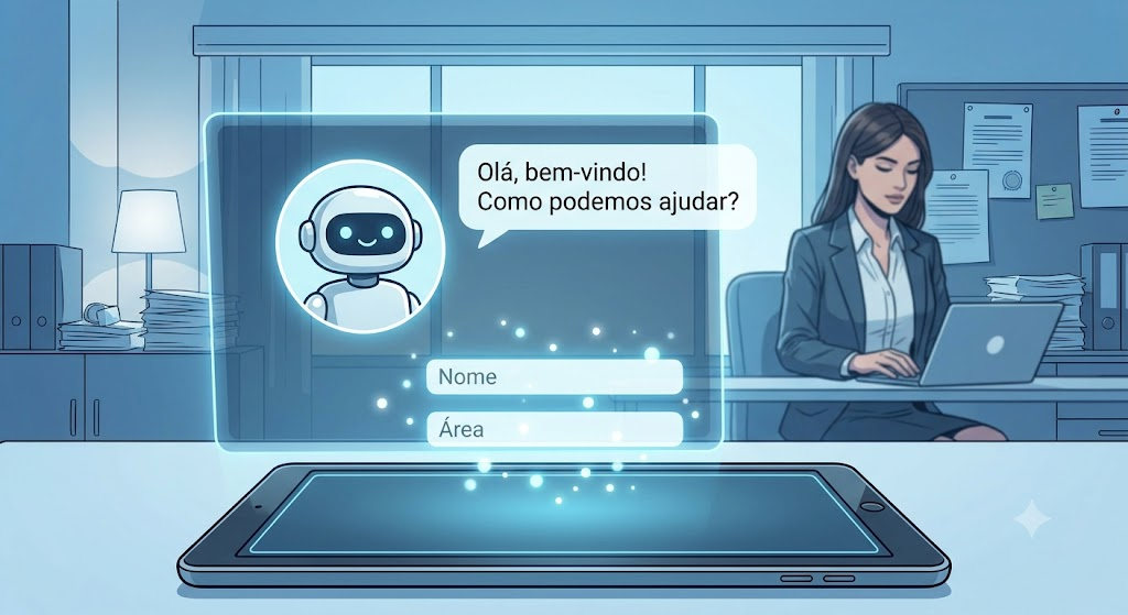 Bot de IA saudando novo contato e coletando nome e área do direito