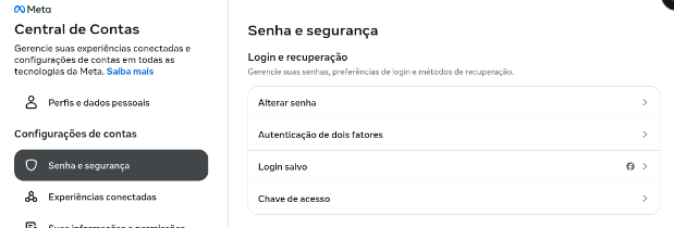 Captura da Meta Central de Contas: menu Senha e seguranca com Login e recuperacao, autenticacao em dois fatores e chave de acesso