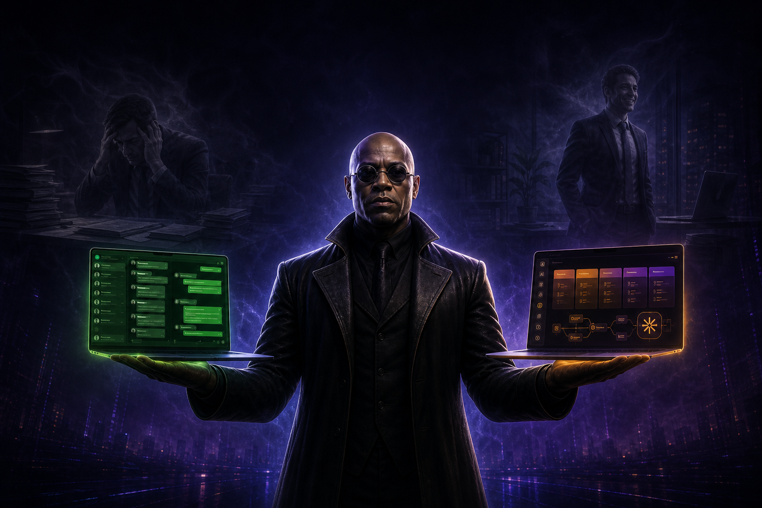 Morpheus oferecendo a escolha entre WhatsApp manual e IA cuidando do escritório