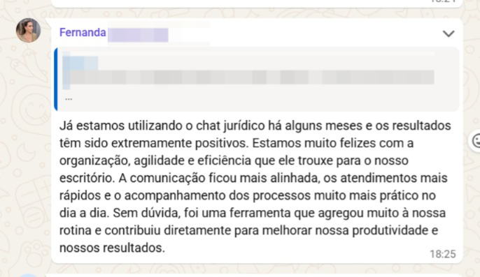 Depoimento real da Dra. Fernanda no WhatsApp sobre o Chat Jurídico